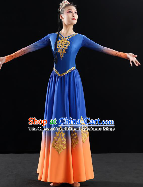 China Traditional Uyghur Nationality Folk Dance Clothing Xinjiang Ethnic Stage Performance Blue Dress Outfits