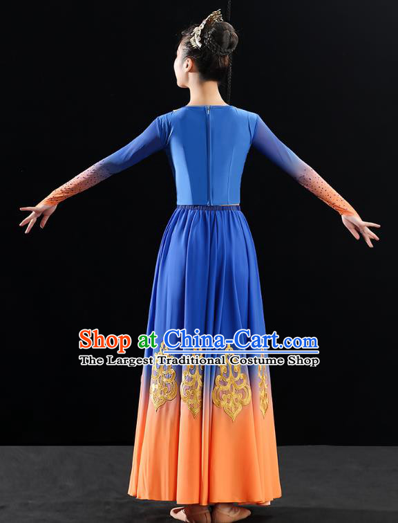 China Traditional Uyghur Nationality Folk Dance Clothing Xinjiang Ethnic Stage Performance Blue Dress Outfits