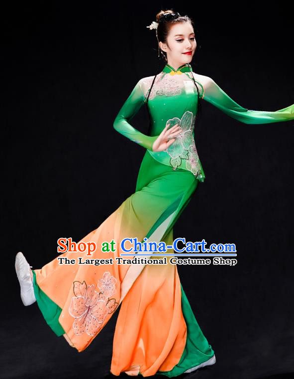 Chinese Umbrella Dance Clothing Traditional Classical Dance Performance Costumes Fan Dance Green Outfits