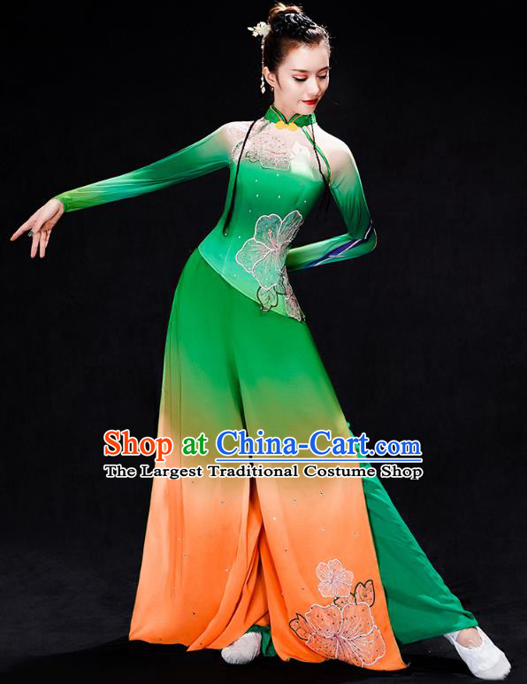 Chinese Umbrella Dance Clothing Traditional Classical Dance Performance Costumes Fan Dance Green Outfits