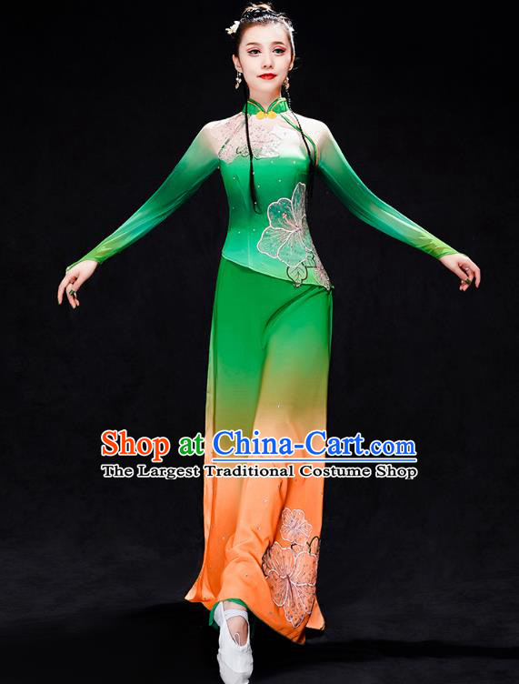 Chinese Umbrella Dance Clothing Traditional Classical Dance Performance Costumes Fan Dance Green Outfits