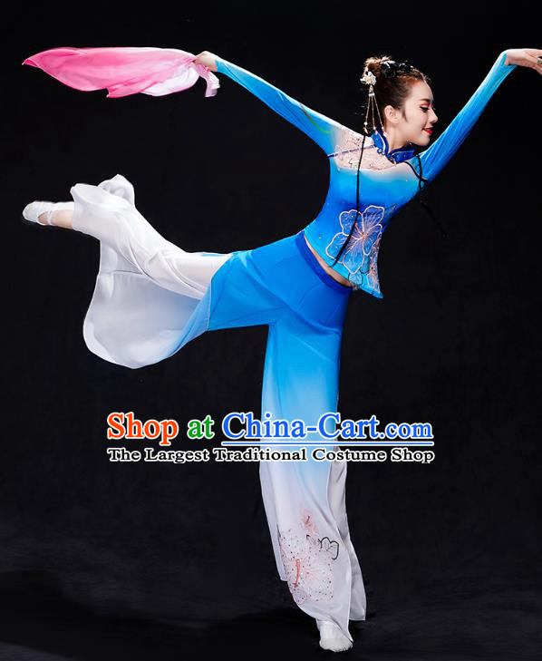 Chinese Fan Dance Blue Outfits Umbrella Dance Clothing Traditional Classical Dance Performance Costumes