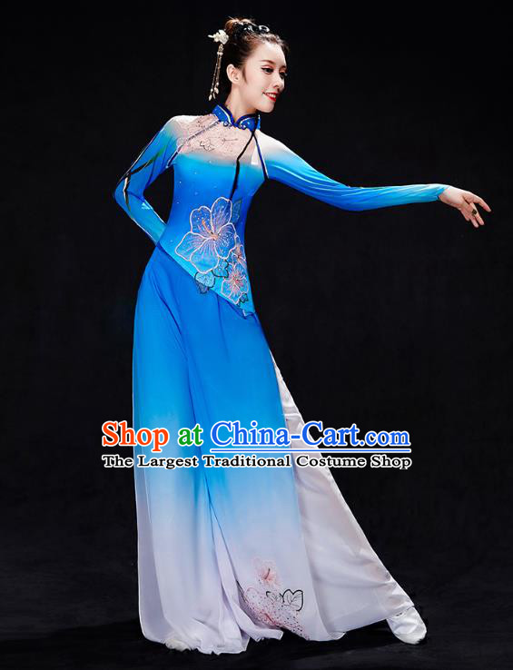 Chinese Fan Dance Blue Outfits Umbrella Dance Clothing Traditional Classical Dance Performance Costumes