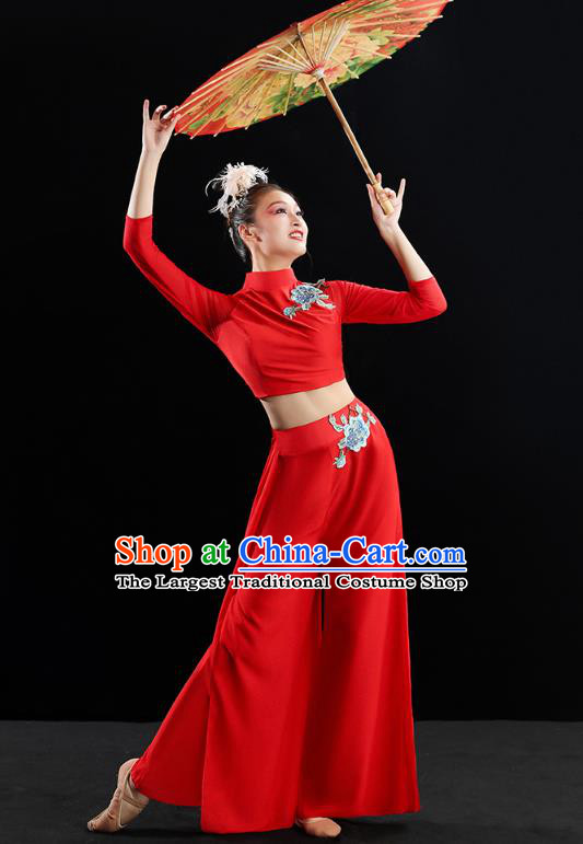 Chinese Traditional Classical Dance Costumes Fan Dance Red Outfits Umbrella Dance Clothing