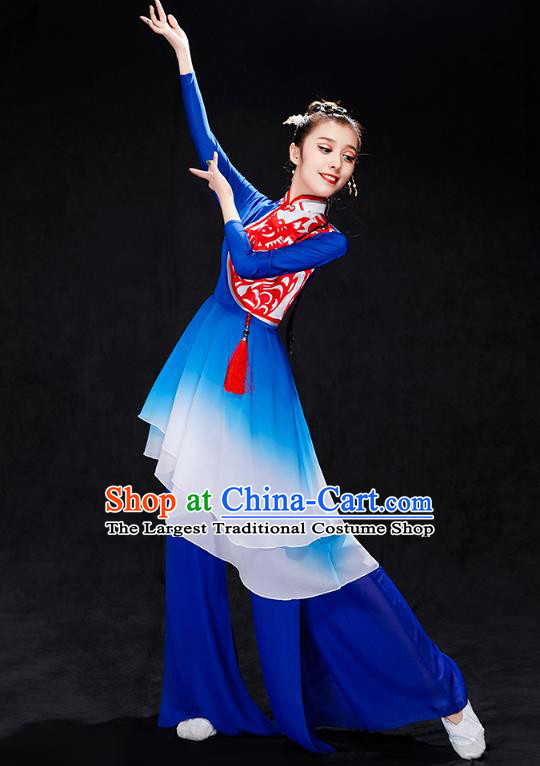 China Folk Dance Drum Dance Costume Yangko Dance Royalblue Uniforms Fan Dance Stage Performance Clothing