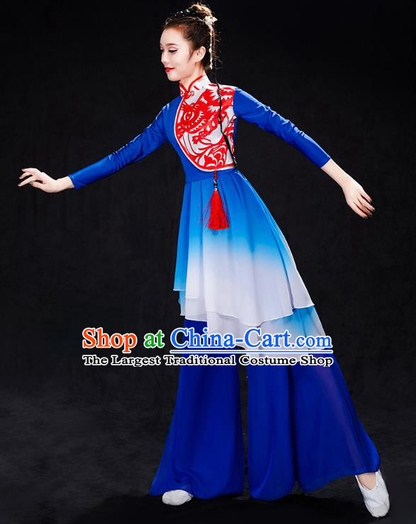 China Folk Dance Drum Dance Costume Yangko Dance Royalblue Uniforms Fan Dance Stage Performance Clothing