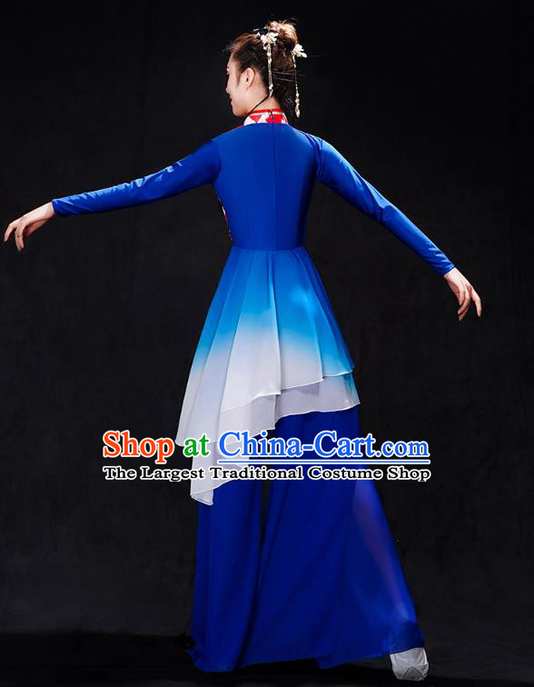 China Folk Dance Drum Dance Costume Yangko Dance Royalblue Uniforms Fan Dance Stage Performance Clothing