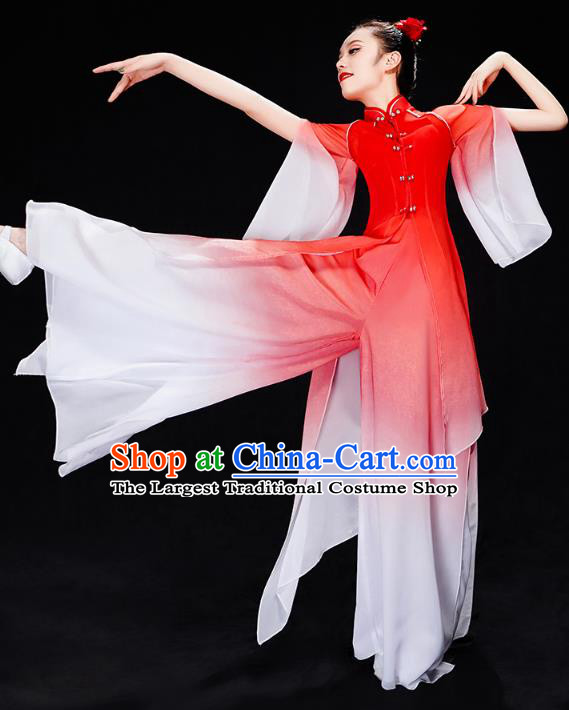 Chinese Woman Fan Dance Red Outfits Umbrella Dance Clothing Traditional Classical Dance Costumes