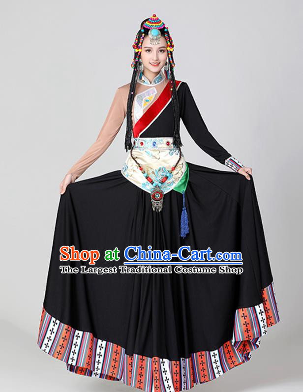 Chinese Tibetan Ethnic Folk Dance Costume Traditional Zang Nationality Stage Performance Black Dress