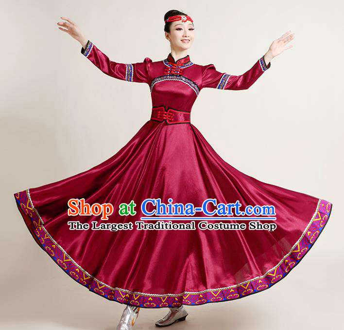 Chinese Traditional Mongol Nationality Dance Competition Wine Red Dress Mongolian Ethnic Dance Performance Costume