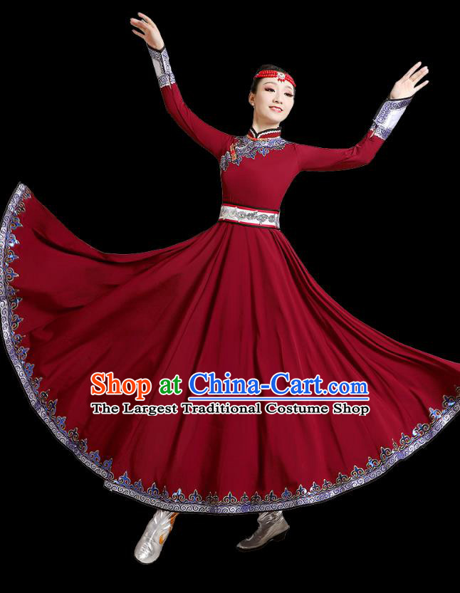 Chinese Mongolian Dance Wine Red Dress Traditional Mongol Nationality Outfits Ethnic Folk Dance Costume