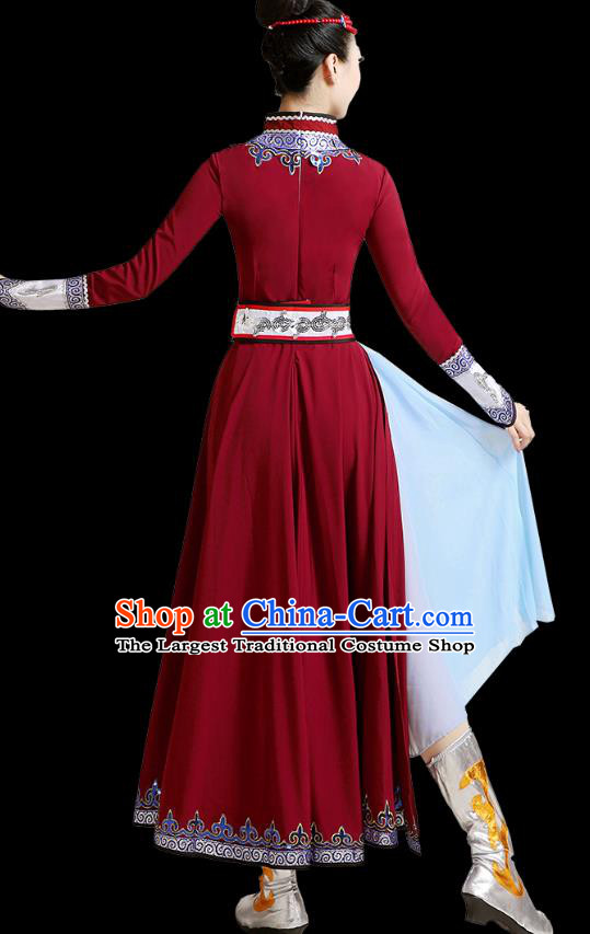 Chinese Mongolian Dance Wine Red Dress Traditional Mongol Nationality Outfits Ethnic Folk Dance Costume