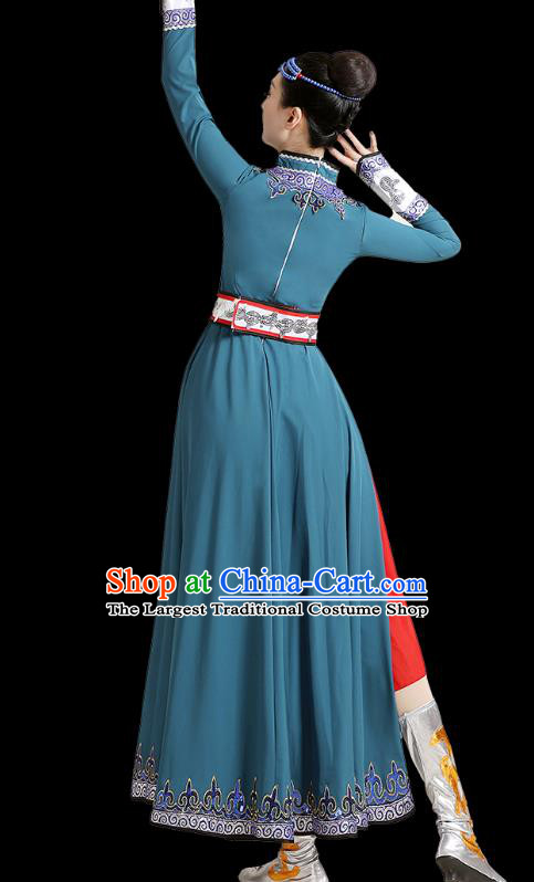 Chinese Ethnic Folk Dance Costume  Mongolian Dance Blue Dress Traditional Mongol Nationality Outfits