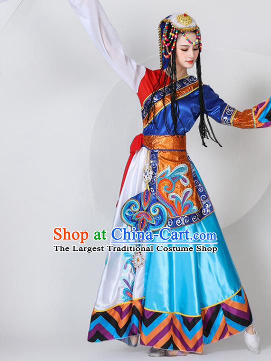 Chinese Tibetan Ethnic Dance Costume Traditional Zang Nationality Stage Performance Blue Dress Outfits