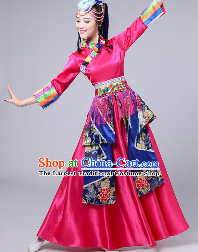 Chinese Traditional Zang Nationality Stage Performance Rosy Dress Outfits Tibetan Ethnic Dance Costume