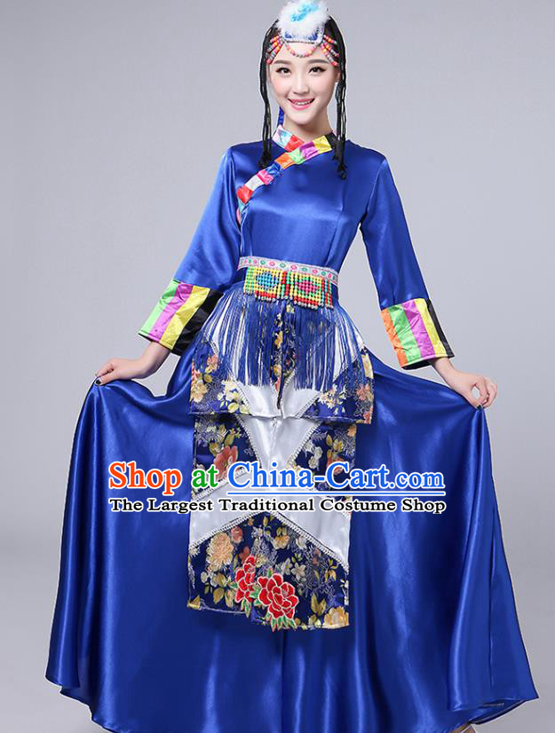 Chinese Tibetan Ethnic Royalblue Dress Traditional Zang Nationality Stage Performance Outfits Minority Folk Dance Costume