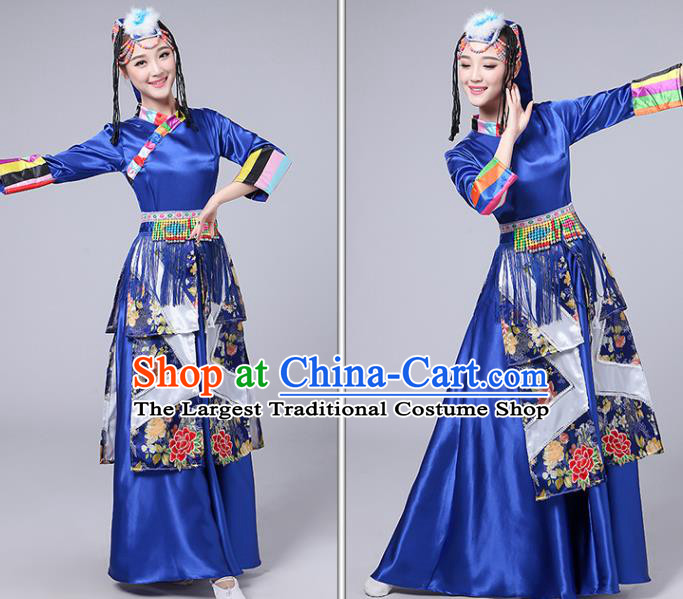 Chinese Tibetan Ethnic Royalblue Dress Traditional Zang Nationality Stage Performance Outfits Minority Folk Dance Costume