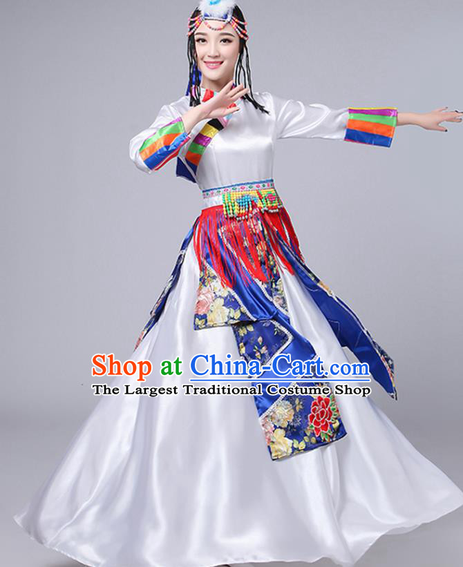 Chinese Zang Nationality Performance Outfits Traditional Minority Folk Dance Costume Tibetan Ethnic White Dress