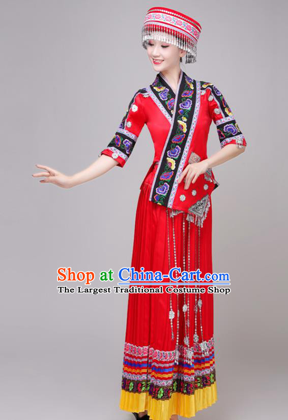 Chinese Zhuang Nationality Performance Red Dress Outfits Traditional Guangxi Ethnic Minority Folk Dance Costume