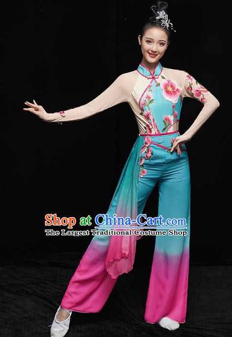 China Folk Dance Fan Dance Costume Yangko Dance Blue Uniforms Group Dance Performance Clothing