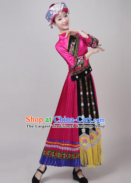 Chinese Traditional Tujia Ethnic Minority Folk Dance Costume  Yunnan Yi Nationality Performance Rosy Dress Outfits