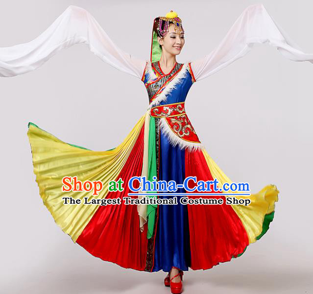 Chinese Traditional Tibetan Ethnic Minority Folk Dance Costume Zang Nationality Performance Water Sleeve Dress