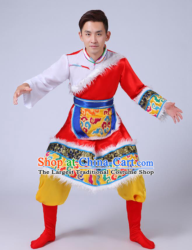 Chinese Tibetan Ethnic Minority Stage Performance Costume Traditional Zang Nationality Folk Dance Red Outfits