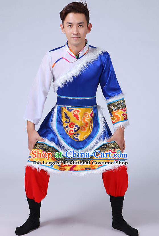 Chinese Traditional Zang Nationality Folk Dance Royalblue Outfits Tibetan Ethnic Minority Stage Performance Costume