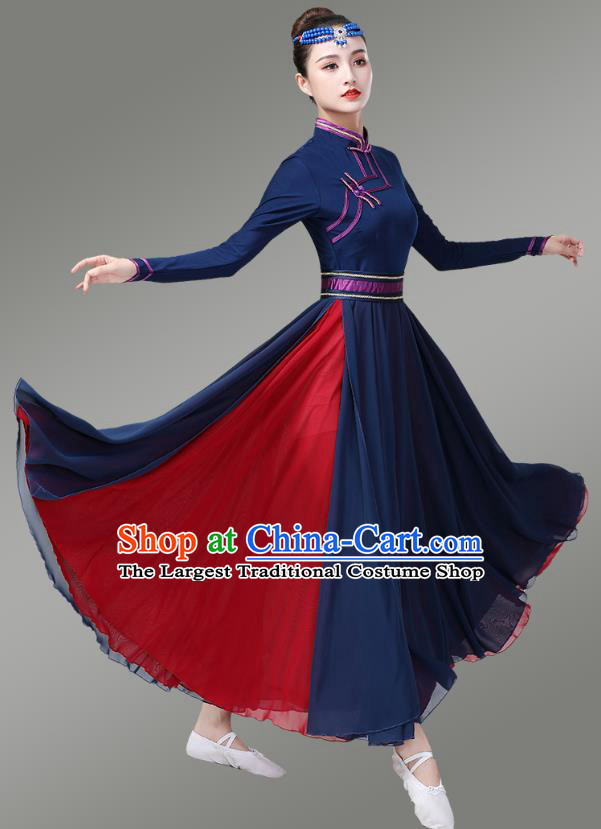 Chinese Traditional Mongol Nationality Dance Navy Dress Mongolian Ethnic Stage Performance Costume