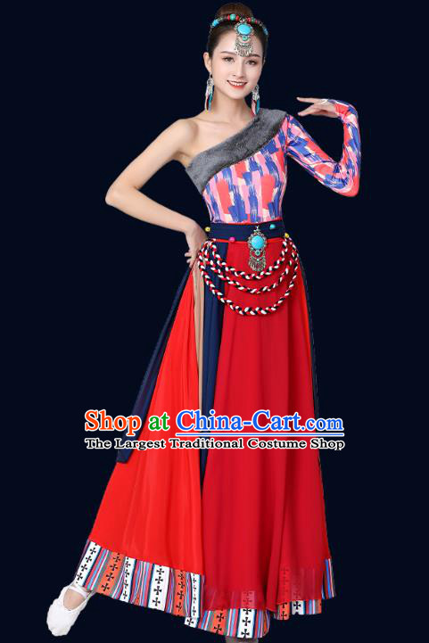 Chinese Traditional Tibetan Nationality Red Dress Xizang Zang Ethnic Folk Dance Costume