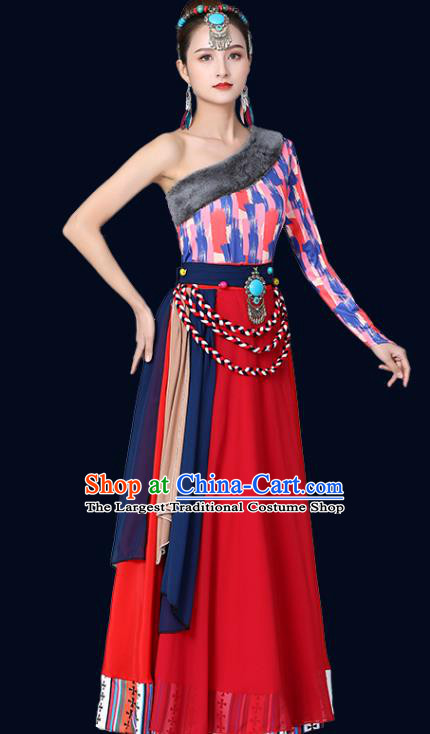 Chinese Traditional Tibetan Nationality Red Dress Xizang Zang Ethnic Folk Dance Costume