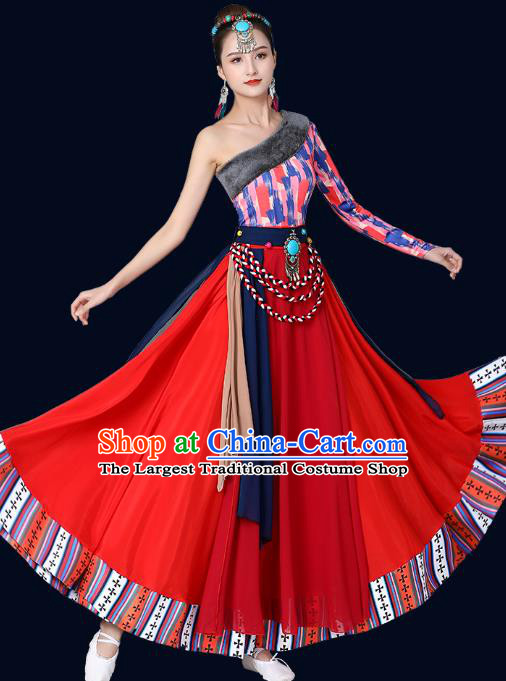Chinese Traditional Tibetan Nationality Red Dress Xizang Zang Ethnic Folk Dance Costume