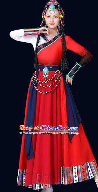 Chinese Xizang Zang Ethnic Folk Dance Costume Traditional Tibetan Nationality Stage Performance Red Dress