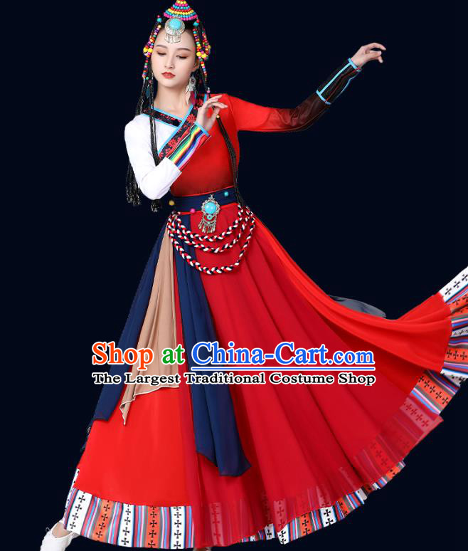 Chinese Xizang Zang Ethnic Folk Dance Costume Traditional Tibetan Nationality Stage Performance Red Dress
