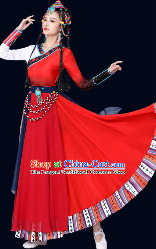 Chinese Xizang Zang Ethnic Folk Dance Costume Traditional Tibetan Nationality Stage Performance Red Dress