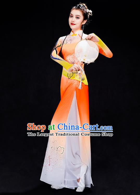 Chinese Classical Dance Costumes Woman Fan Dance Orange Outfits Traditional Umbrella Dance Clothing