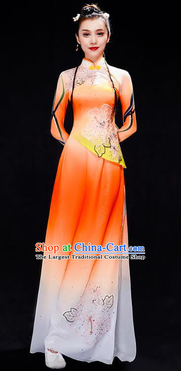 Chinese Classical Dance Costumes Woman Fan Dance Orange Outfits Traditional Umbrella Dance Clothing