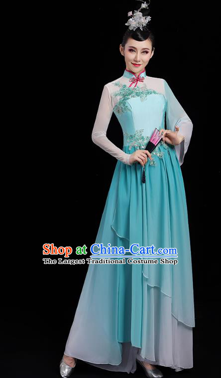 Chinese Traditional Fan Dance Clothing Classical Dance Costumes Umbrella Dance Blue Dress