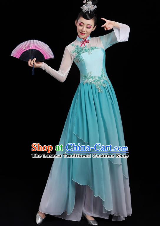 Chinese Traditional Fan Dance Clothing Classical Dance Costumes Umbrella Dance Blue Dress
