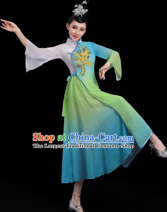 Chinese Umbrella Dance Blue Dress Traditional Fan Dance Clothing Classical Dance Costumes