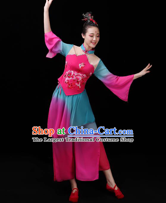 China Yangko Dance Rosy Uniforms Jasmine Dance Clothing Folk Dance Fan Dance Costume