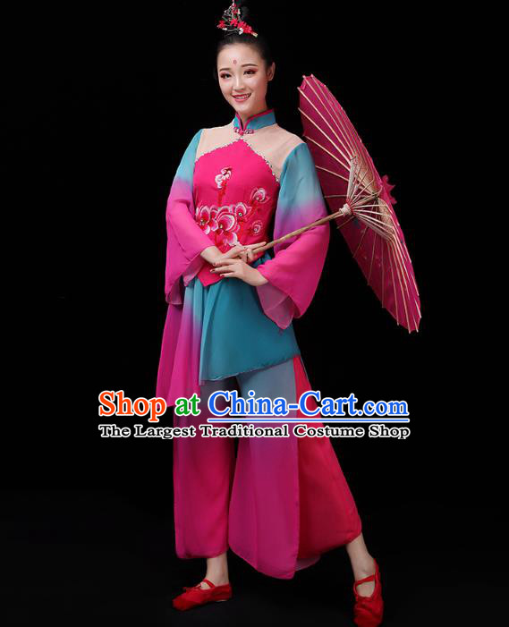 China Yangko Dance Rosy Uniforms Jasmine Dance Clothing Folk Dance Fan Dance Costume