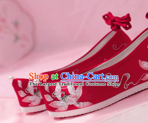 China Embroidered Lotus Shoes Ancient Princess Red Cloth Shoes Traditional Hanfu Wedding Bow Shoes