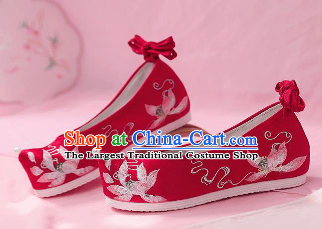 China Embroidered Lotus Shoes Ancient Princess Red Cloth Shoes Traditional Hanfu Wedding Bow Shoes