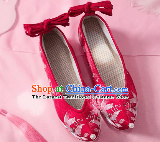 China Embroidered Lotus Shoes Ancient Princess Red Cloth Shoes Traditional Hanfu Wedding Bow Shoes