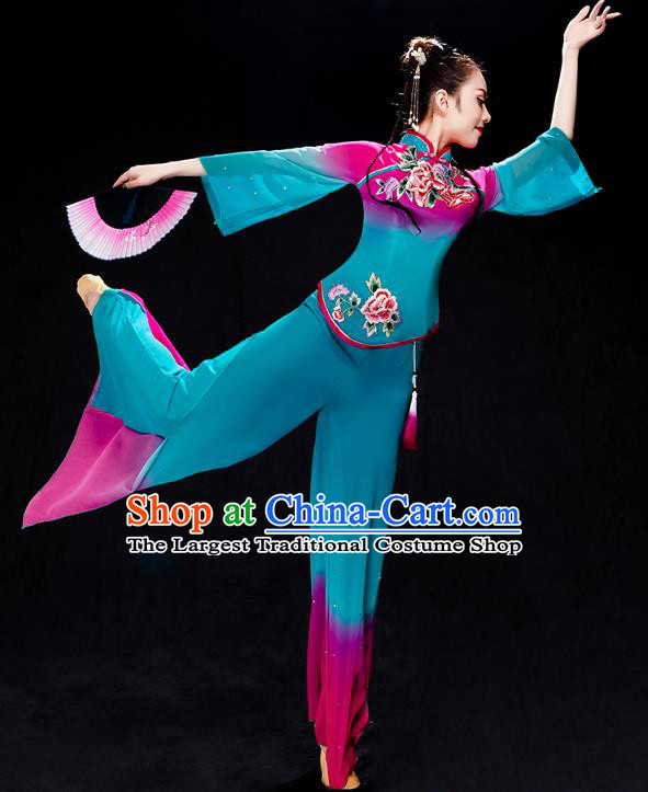 China Folk Dance Costume Yangko Dance Blue Uniforms Fan Dance Stage Performance Clothing