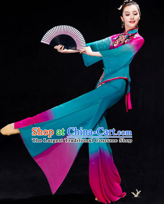 China Folk Dance Costume Yangko Dance Blue Uniforms Fan Dance Stage Performance Clothing