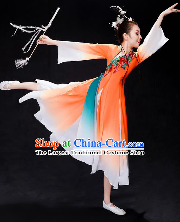 Chinese Traditional Umbrella Dance Clothing Classical Dance Costumes Woman Solo Dance Orange Dress