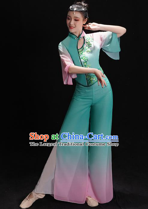 China Fan Dance Clothing Folk Dance Costume Jiaozhou Yangko Dance Green Uniforms