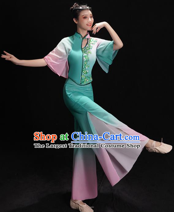 China Fan Dance Clothing Folk Dance Costume Jiaozhou Yangko Dance Green Uniforms